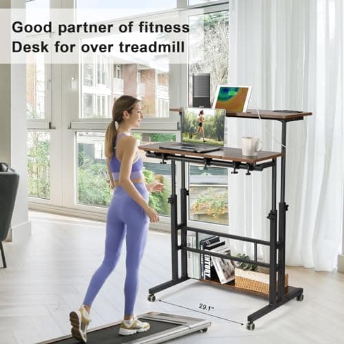 Hadulcet Mobile Standing Desk Adjustable Height, Rolling Desk Stand Up Desk, Mobile Laptop Desk, Rolling Computer Desk with Charging Station, Portable Desk with Wheels, Rustic Brown 6