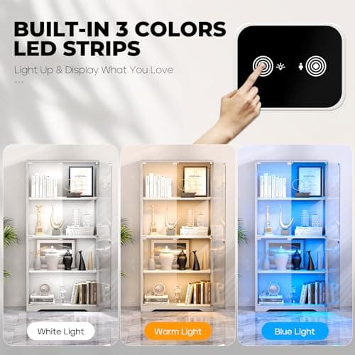 BROTTAR Display Cabinet with Glass Doors, 4-Tier Curio Cabinet with 3 Color Lights for Collectibles, Glass Display Case with Human Body Sensor, Bookcase with 4 Shelves, Storage Cabinets, White 6