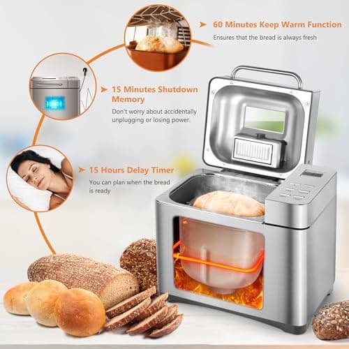 Bread Maker Machine KITCANIS, 2.2LB Stainless Steel Bread Machine, 15H Timer&1H Keep Warm, Sourdough, Gluten-Free, Dough Maker, Bread Making Machine with Nonstick Pan, Recipes, 650W 5
