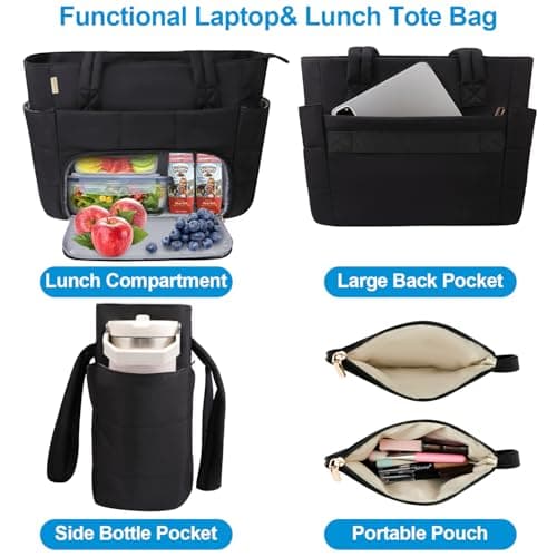 Partreko Work Laptop Tote Bags with Insulated Lunch Compartment& Clutch Purse, Lightweight Puffer Lunch Tote Bag with 15.6 Inch Laptop Compartment for Women Daily Business Office Teacher Nurse (Black) 7