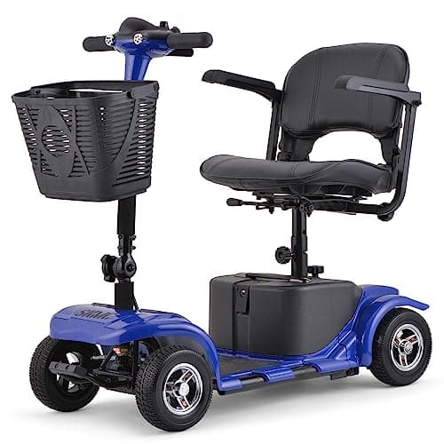 Mobility Scooter for Adults, Senior, Skmc 4 Wheels Electric Powered Chargeable Device for Travel, Lightweight and Portable, with LED Headlights and Basket, Charger Included, Red/Blue (Blue Blue)