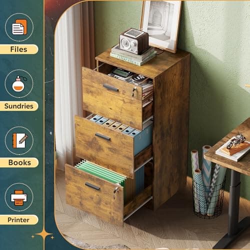 DEVAISE 3 Drawer File Cabinet with Lock, Vertical Wood Filing Cabinet for Home Office, Printer Stand for Letter and A4 Size, Rustic Brown 5