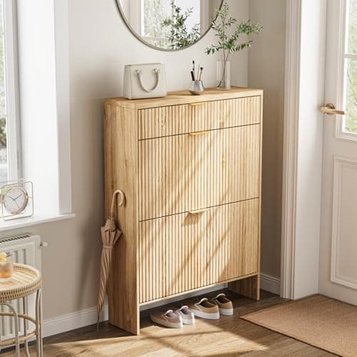 DAMCROP Modern Flip Shoe Cabinet with Drawer, Freestanding Entryway Shoe Storage for Small Spaces, Wave Panel Design, MDF Engineered Wood 9