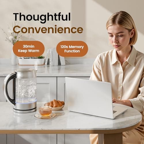 TOPZEE 1.7L Glass Electric Kettle for Coffee & Tea, Hot Water Boiler with 6 Preset Temperatures, Keep Warm and Memory Function, Auto Shut-off & Dry Boil Protection, BPA Free, Rapid Boil, 1500W, Silver 5
