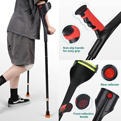 Elorgzem Pair Forearm Crutches, Ergonomic Folding Forearm Crutches for Adults with Anti-Dorp Cuff, 10-Level Adjustable Height, Suitable for Adults with Leg Injury (1 Pair - Red Handle) 6