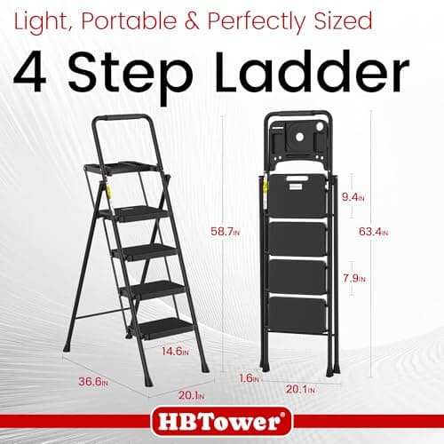 HBTower Step Ladder, Folding Step Stool with Wide Anti-Slip Pedal, Sturdy Steel Ladder, Convenient Handrail, Lightweight, Portable Steel Step Stool 6