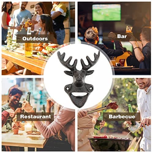 Sungmor Wall Mounted Bottle Opener, Cast Iron Cool Deer Head Bottle Opener, Beer Coke Beverage Bottle Cap Opener, Vintage Rustic Style Wall Hanging Opener, Bar Farmhouse Wall Ornament, Practical Gift 7