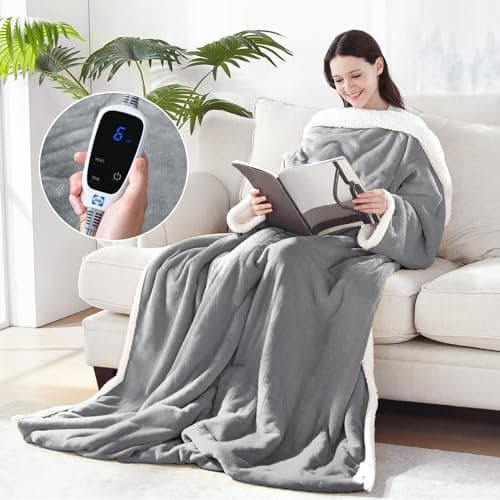 Sealy Electric Blanket Wearable with Foot Pocket, Electric Snuggle Blanket with Sleeves, Flannel & Sherpa Heating Throw with 6 Heat Settings & 2-10 Hours Auto Shut Off, 50 * 70"+18", Light Grey