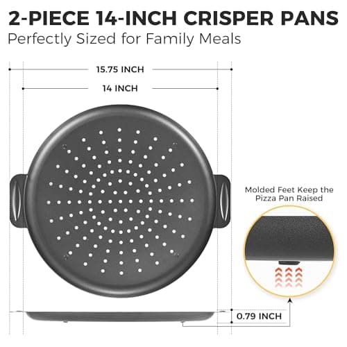 HONGBAKE 2 Pack Pizza Pan 14 Inch with Holes, Rust-Free Nonstick Pizza Pan for Oven, 0.8mm Carbon Steel Perforated Pizza Tray with Wider Handles, Round Baking Sheet for Frozen & Homemade Pizza, Grey 5