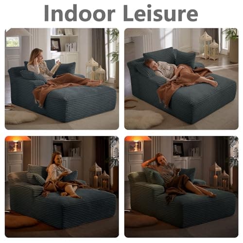 HRVEOCEI 67" Chaise Lounge Indoor, Oversized Chaise Lounge Chair with 3 Comfy Pillows for Living Room Bedroom, Wide Arms Corduroy Fabric High-Density Foam No Assembly Required (Grey) 7