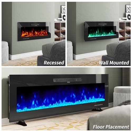 Amerlife 60" Electric Fireplace Wall Mounted, Recessed and Freestanding, Fireplace Heater W/12 Flame Color and Brightness, Touch Screen & Remote Control, Log Set & Crystal Included, Black 5