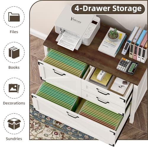 Wood Lateral File Cabinet with 4-Drawer for Hanging Files Letter/A4/Legal Size, Large Farmhouse Filing Cabinets for Home Office, Printer Stand with Office Cabinet, Office Furniture, White and Brown 6
