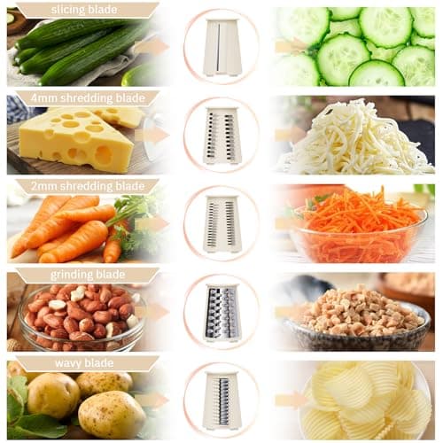 ENERGEVITY Manual Rotary Cheese Grater with Handle, 5 in 1 Replaceable Stainless Blades Cheese Shredder,Strong Suction Base Vegetable Slicer with Cleaning Brush & Bonus Storage Box for Blades (white) 5