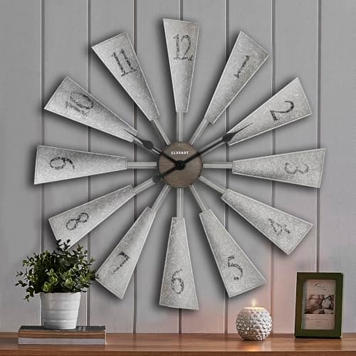 CLXEAST 30 Inch Large Farmhouse DIY Windmill Decor Wall Clock, Adjustable Size 24"/26"/28"/30"/32", 24 Inch Wall Clock for Living Room Decor,Wall Art Decor, Galvanized Plastic