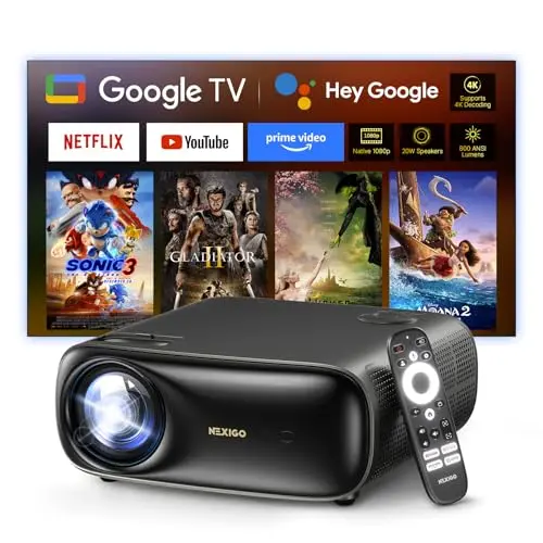 NexiGo PJ40 Pro Google TV Projector, Native 1080p, 4K Support, AI Image Enhancement, 800 ANSI Lumens, Smart Projector with Auto Keystone, 20 W Speakers, Backlit Remote, Wi-Fi & Bluetooth