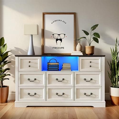 Homkdom White Dresser for Bedroom with Charging Station & Led Lights,55.02" TV Stand with 8 Drawers,Dressers & Chests of Drawers with Open Shelves,Hallway 55.02" W x 34.53" H x 15.77" D White