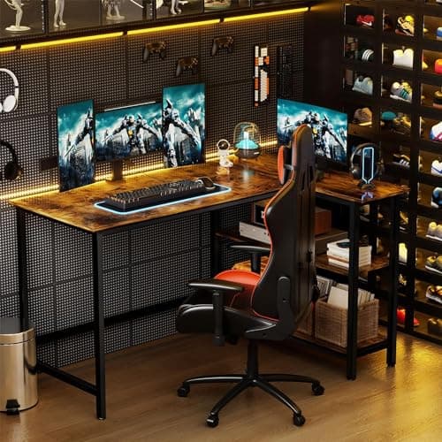 WOODYNLUX L Shaped Desk - 43 Inch Gaming Desk, Computer Corner Desk, Home Office Writing Table with Shelf, Space-Saving Workstation Table, Modern Simple Wooden Table, Rustic Brown 6