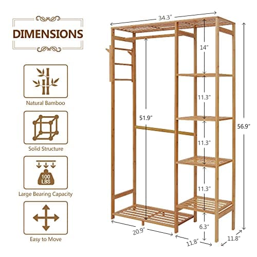 Ufine Bamboo Garment Rack 6 Tier Storage Shelves Clothes Hanging Stand with Side Hooks, Heavy Duty Clothing Rack Portable Wardrobe Closet Organizer 5