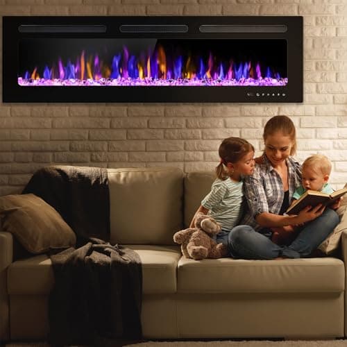 BETELNUT 60" Electric Fireplace Wall Mounted and Recessed with Remote Control, 750/1500W Ultra-Thin Wall Fireplace Heater W/Timer Adjustable Flame Color and Brightness, Log Set & Crystal Options 8