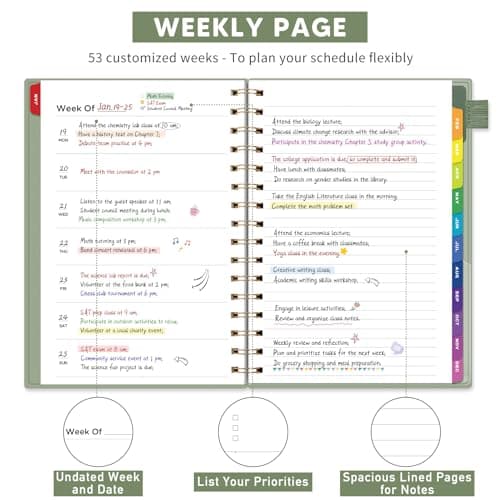 EMSHOI Undated Planner, Weekly and Monthly Calendar, 53 Weeks and 12 Months, A5 (6.38" x 8.35"), 100GSM Thick Paper, PVC Cover, Monthly Tabs, Note Pages, Start Anytime 3