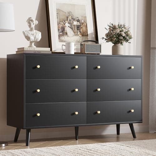 SINROM® Black Dresser for Bedroom, Black and Gold Dresser with Gold Handles, Wide Wood 6 Drawers Dressers for Bedroom