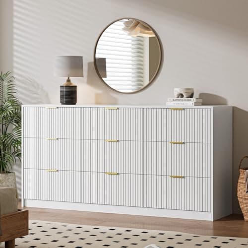 MAISONARIA White 9 Drawer Dresser for Bedroom, 63" Wide Modern Fluted Dresser with Gold Metal Handles, Chest of Drawers for Bedroom, Living Room, Entryway, Hallway 6