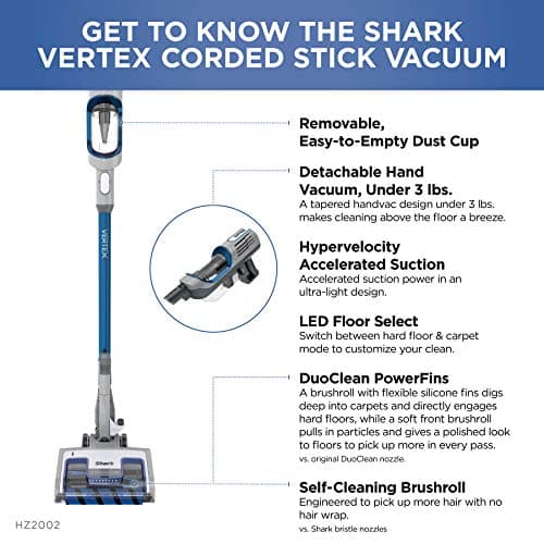 Shark | Corded Stick Vacuum Cleaner | Vertex Ultralight | Removable Handheld Vacuum | Pet Hair Vacuum for Carpet and Hard Floor | Powerful Suction | No Hair Wrap | 3 Attachments Included | HZ2002 13