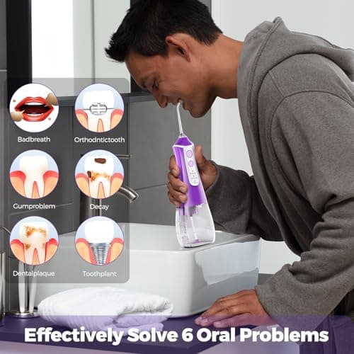 Cordless Water Flosser & Dental Pick for Teeth - 350ML Portable Oral Irrigator Tank Removable IPX7 Waterproof Home Travel Teeth Cleaner Professional Electric Flossing Machine - Purple 5
