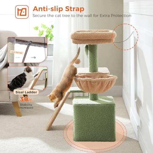 PETEPELA Cactus Cat Tree for Indoor Cats, 32'' Small Cat Tower Cat Condo with Sisal Scratching Ramp, Cozy Hammock and Removable Top Bed Perch for Kittens, Green 6