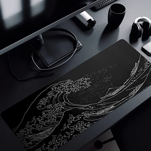 Japanese Gaming Mouse Pad Abstract Black Mouse Pad 31.5x11.8 Inch Black Sea Wave Texture Non-Slip Rubber Base Large Ocean Mousepad Stitched Edges Keyboard Mouse Mat Desk Pad for Office and Home 6