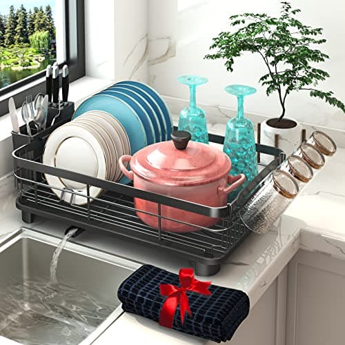 Godboat Dish Drying Rack, Dish Rack with Auto-Drain & Mat, Dish Drainers for Kitchen Counter, Glass Organizer for 4 Cups, 3 Slots Utensil Holder, Gifts for Women Mothers Day, Kitchen Gadgets & Decor