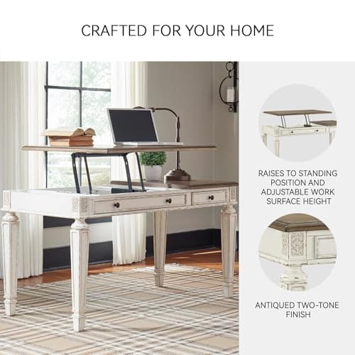 Signature Design by Ashley Realyn Home Office Lift Top Desk, USB Charging, Spring Lift Top, Smooth-gliding Drawer, 60" W x 28" D x 31" H, Chipped White and Brown 5