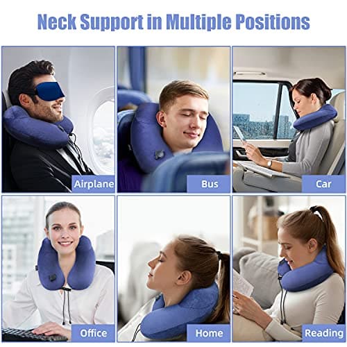 Extra-Compact Travel Neck Pillow, 100% Soft Velvet Inflatable Neck Support Airplane Pillows with 3D Eye Mask and Earplugs for Adults Kids, Best Travel Essentials for Sleeping / Reading / Camping(Blue) 6