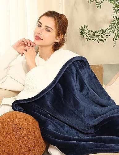 ESTINGO Heated Throw Blanket Electric Blanket, 50"x60" Heating Blanket with 5 Heating Levels & 4 Hours Auto Off, Reversible Flannel Sherpa Electric Throw Blanket with OverHeat Protection, Navy Blue