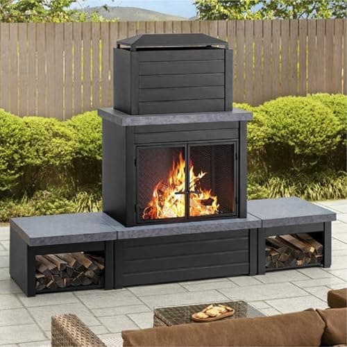 Sunjoy Wood Burning Fireplace – Matte Black Outdoor Steel Fireplace with Chimney, Log Holders, Fireplace Tool, and PVC Cover