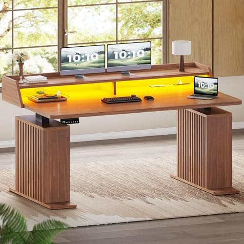 SEDETA Standing Desk with Storage, 55" Fluted Stand Up Desk with Power Outlets & LED Lights, Height Adjustable Table with Monitor Shelf for Home Office, Gaming, Brown