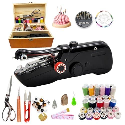 Handheld Sewing Machine with Exquisite Wooden Storage Box & 142-Piece Sewing Kit - Electric Switch, Dual Power Supply, Assorted Needles, Threads, Heavy Duty Scissors - Meets All Household Sewing Needs
