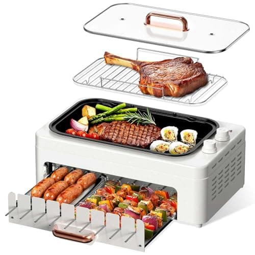 XHJ 4-in-1 Electric Indoor Grill Smokeless for Home,Countertop Electric Grill with Removable Sizzling Grill Pan & Grate + Auto Rotating Kabob Skewers + Electric Hot Dog Roller Dual Zone Cook with Lid