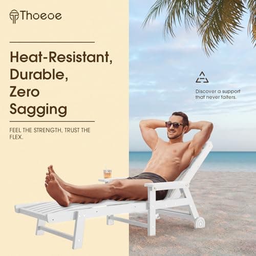 THOEOE Patio Chaise Lounge Chair, Oversized Lounge Chair Outdoor with 5 Positions, HDPE, Patio Lounge Chair with Wheels & Cup Holder for Pool, Deck, Poolside,White 4