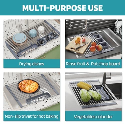 BBXTYLY Expandable Roll Up Dish Drying Rack Up to 22.8''with 2 Storage Baskets,Over The Sink Kitchen Rolling up Dish Drainer Drying Rack, Foldable,Rollable,for Kitchen Dishes(Expandable Width Size) 5