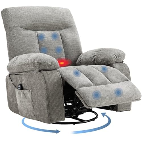 DUMOS Rocker Recliner Chair, Swivel Recliner with Vibration Massage & Lumbar Heating, 270° Rotating Chenille Fabric Recliner with footrest for Living Room & Bedroom, Grey