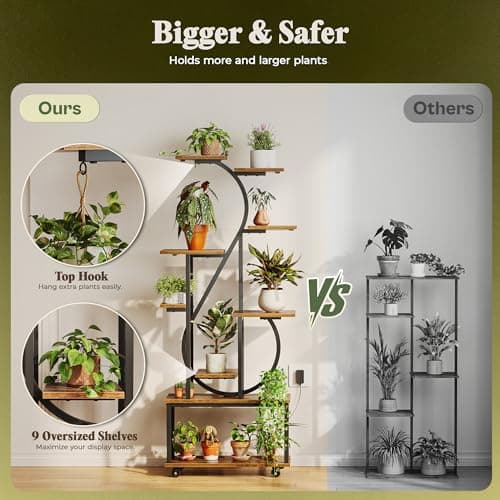 PRAISUN 65 Inch Plant Stand with Grow Light, 9 Tiered Indoor Plant Shelf with Larger Flower Holder, Music Note-shaped Stand with Top Ring Hook , Corner Plant Rack for Living Room, Rustic Brown 5