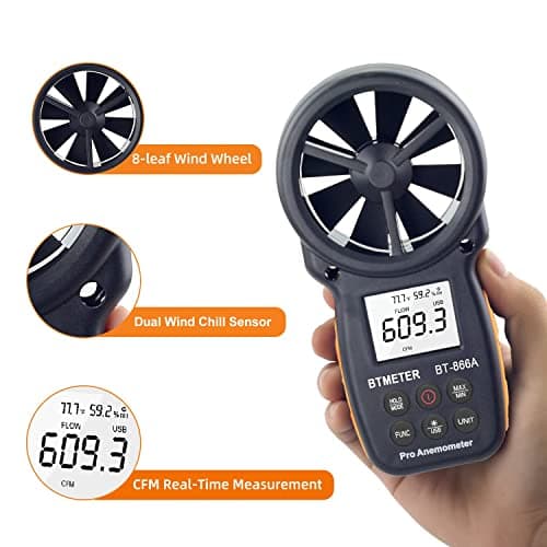 BTMETER BT-866A Pro Handheld HVAC Anemometer for CFM Air Flow, Wind Speed Meter Gauge Measures Wind Velocity Temp%RH Dew Point with USB Sync to PC 5