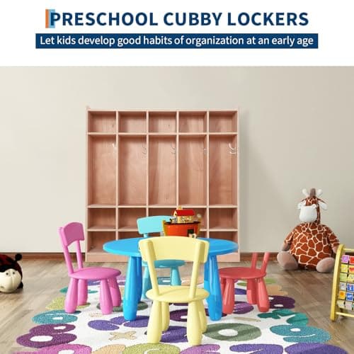 Garvee 5-Section Classroom Coat Locker, 15 Cubbies for Classrooms with Anti-tip Anchors, Daycare Cubby with 4 casters, 5 Hooks and 2 Storage Boxes, for Home/School/Kindergarten 7