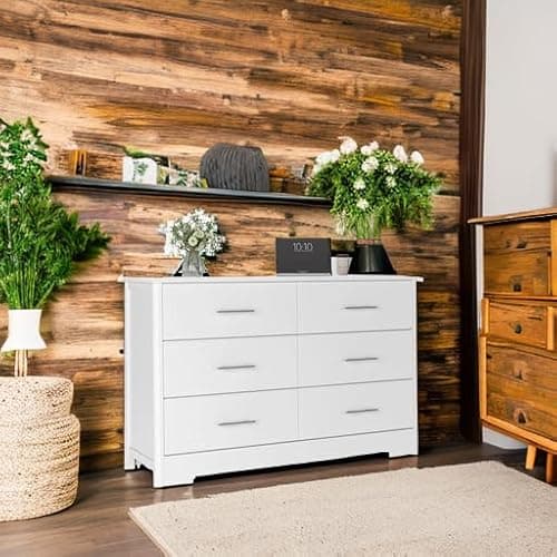 HOSTACK 6 Drawer Dresser, Modern White Double Dresser, Wide Chest of Drawers with Metal Handels, Accent Wood Storage Chest Organizers for Living Room, Hallway, Entryway (Trapezoid/White) 5