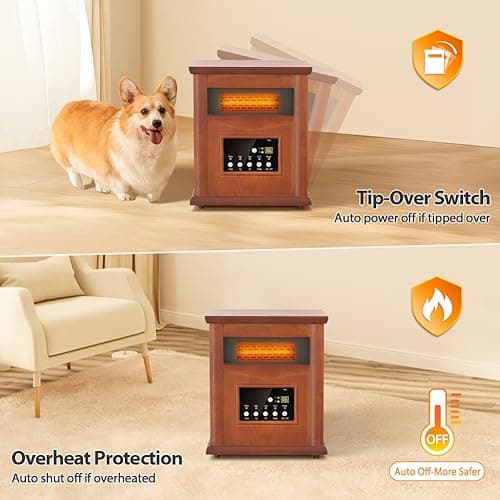 Electric Infrared Space Heaters for Indoor Room Use, LifePlus 1500W Box Space Heater with Wood Frame, Remote Control and Timer, Multiple Security Protections, Nice for Living Room Home Office 8