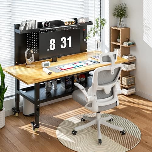 60" Heavy Duty Adjustable Workbench with Large Pegboard& Partition, Adjustable Work Table with Power Outlets & Lockable Wheels, Rubber Wood Workstation for Garage, Workshop, Office, Home, Commercial 8