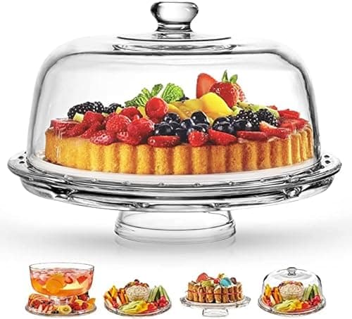 Royalty Art Glass Cake Stand with Dome – 6-in-1 Convertible Cake Plate, Punch Bowl & Chip and Dip Server, Pedestal Dessert Display – Italian Made Glass – Dishwasher Safe