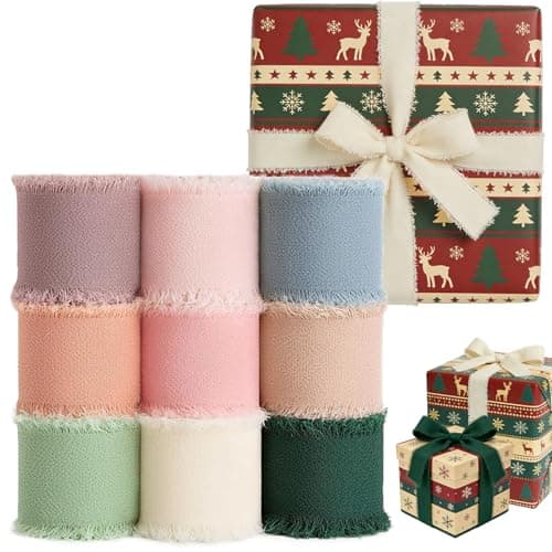 RAINFLOW 9 Rolls Chiffon Ribbon - Ribbon for Flower Bouquet, Gift Ribbon, Wedding Ribbon, Ribbons for Crafts Handmade Fringe Chiffon Silk Ribbon Set, 1.2 Inch Wide Sheer Ribbon for Gift Wrapping