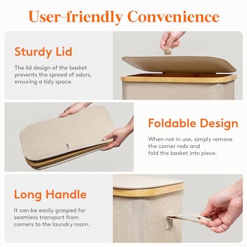 Lifewit 65L Slim Laundry Hamper with Lid, Narrow Laundry Basket with Removable Bag & Bamboo Handles, Fodable Thin Dirty Clothes Hamper for Laundry Collapsible Bin for Bathroom Bedroom Dorm, Beige 5